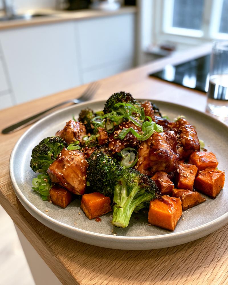 teriyakikyckling med broccoli och sötpotatis